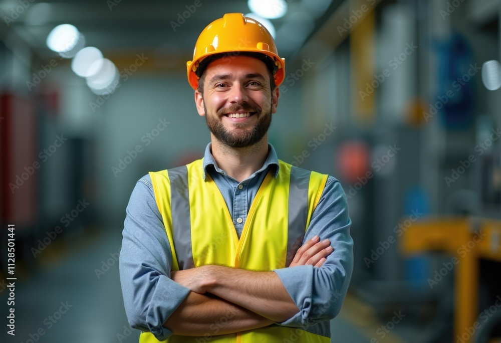 A construction worker in a yellow vest and hard hat smiles confidently in a factory setting. A construction worker in a yellow vest and hard hat smiles confidently in a factory setting.