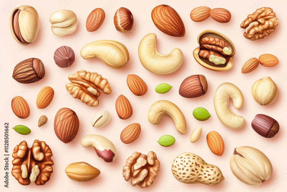 A variety of nuts arranged artistically on a light background. A variety of nuts arranged artistically on a light background.