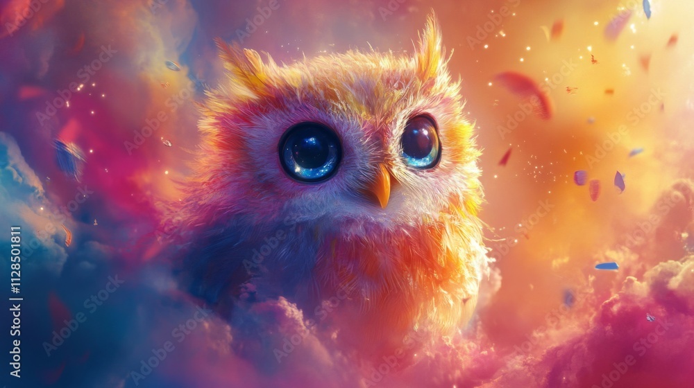 A Colorful Owl Soaring Through Dreamlike Clouds A Colorful Owl Soaring Through Dreamlike Clouds