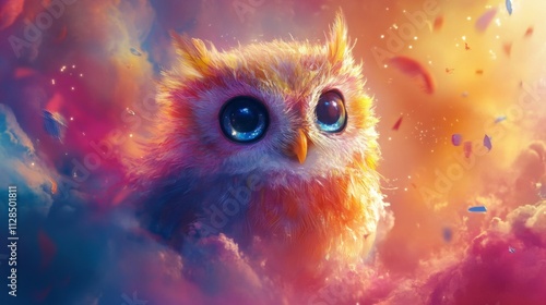 A Colorful Owl Soaring Through Dreamlike Clouds