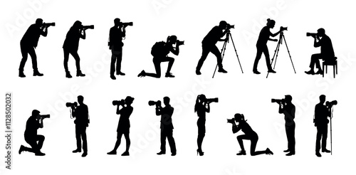  Photographers with camera various poses black silhouette set collection.