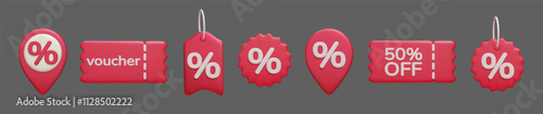  Red 3D promotion labels set. Special offer percent sign voucher, shopping coupon, price tag, discount promo pin. Vector illustration 3D render icon set of different sale vouchers, price tag stickers.