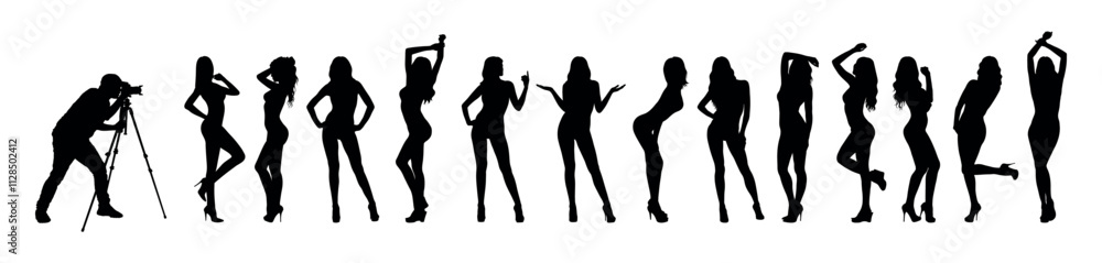 Professional photographer with camera on tripod taking photos of group of sexy and sensual girl models standing in a row black silhouettes. Professional photographer with camera on tripod taking photos of group of sexy and sensual girl models standing in a row black silhouettes.