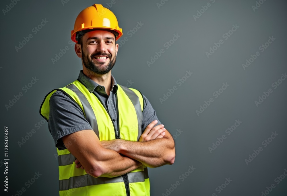 A smiling construction worker with a yellow hard hat and safety vest. A smiling construction worker with a yellow hard hat and safety vest.
