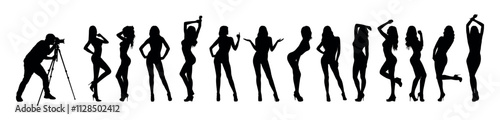 Professional photographer with camera on tripod taking photos of group of sexy and sensual girl models standing in a row black silhouettes.