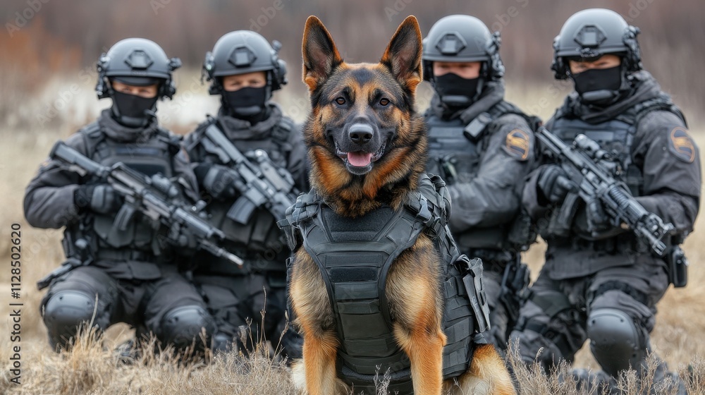 German Shepherd dog in tactical vest with SWAT team. Illustrates canine unit's role in law enforcement. German Shepherd dog in tactical vest with SWAT team. Illustrates canine unit's role in law enforcement.