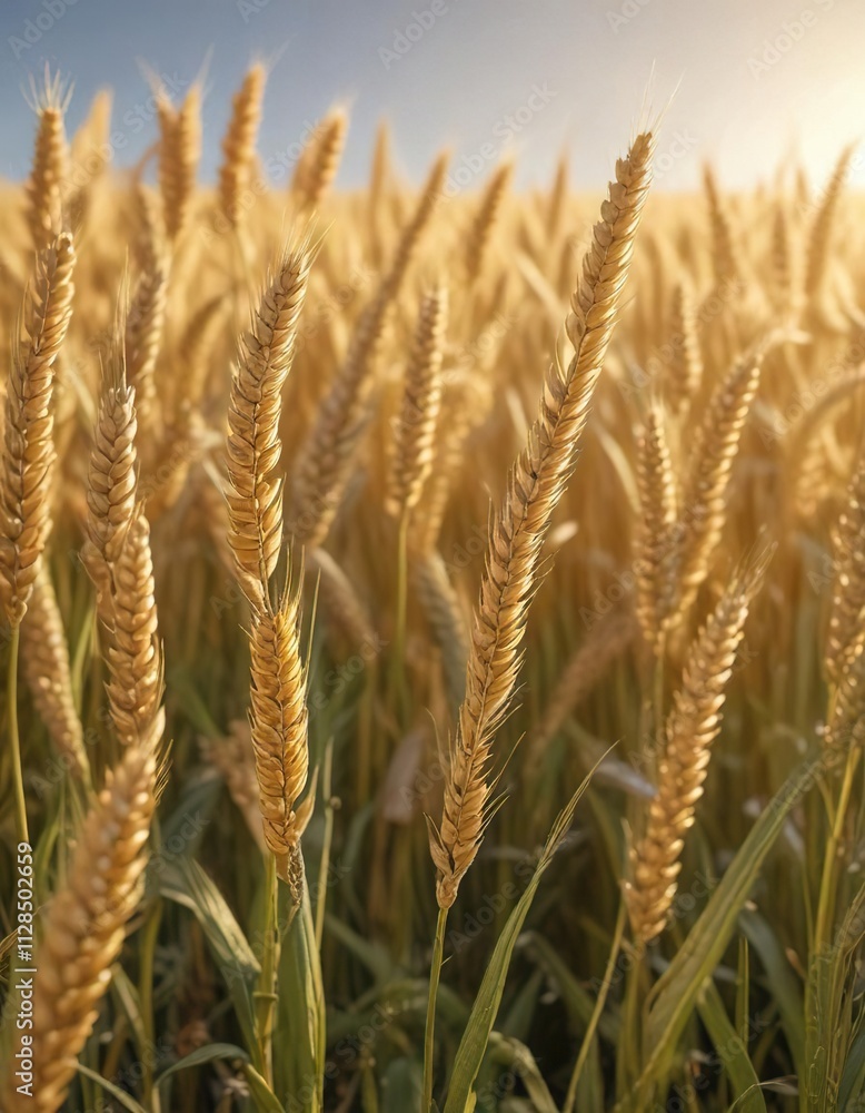 The golden hue of mature wheat ripens in the sun on a clear and sunny day, farm land, crops The golden hue of mature wheat ripens in the sun on a clear and sunny day, farm land, crops