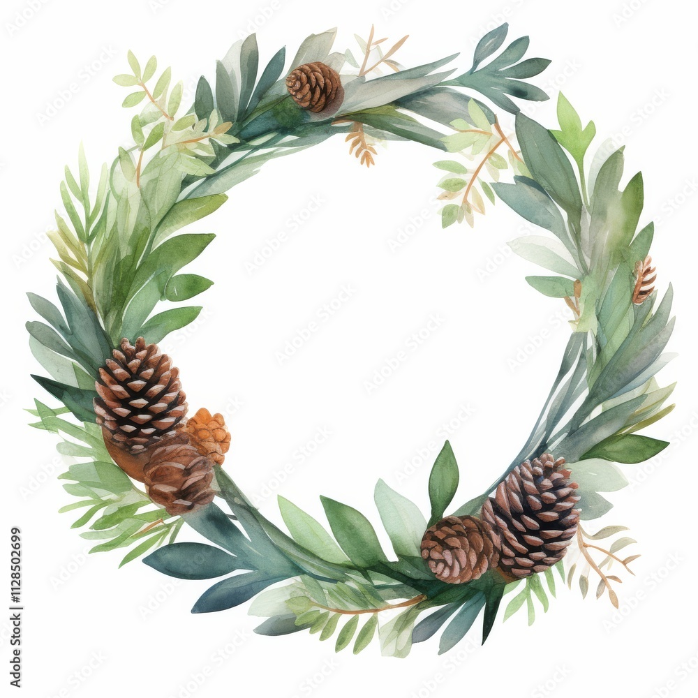 Fototapeta premium A beautiful watercolor wreath featuring pinecones and greenery, perfect for seasonal decor or a nature-inspired design.