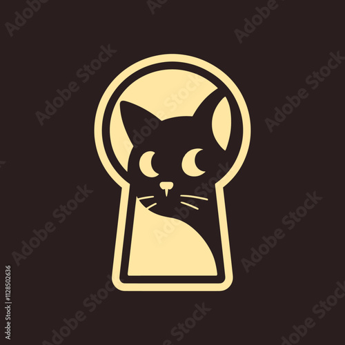 curious cat looking in a keyhole, vintage vector logo, illustration