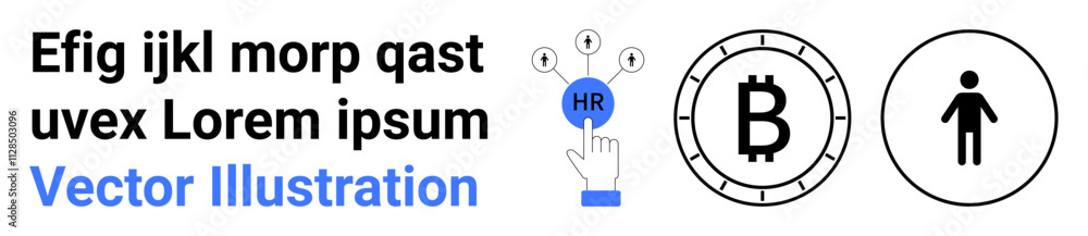 Hand pressing HR button, Bitcoin symbol, user person icon, Latin placeholder text. Ideal for tech, HR, finance, personal identity, landing pages. Simplistic design, black and blue elements. Landing Hand pressing HR button, Bitcoin symbol, user person icon, Latin placeholder text. Ideal for tech, HR, finance, personal identity, landing pages. Simplistic design, black and blue elements. Landing