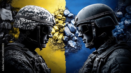 Ukraine Conflict: Digital Art Depicting Soldiers Facing Off Amidst Gold and Coal AI Generated photo