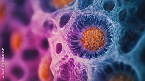 Wallpaper Mural Microscopic view of vibrant cell structure; intricate network, glowing hues. Ideal for medical, science, or technology projects; represents cellular processes, research. Torontodigital.ca