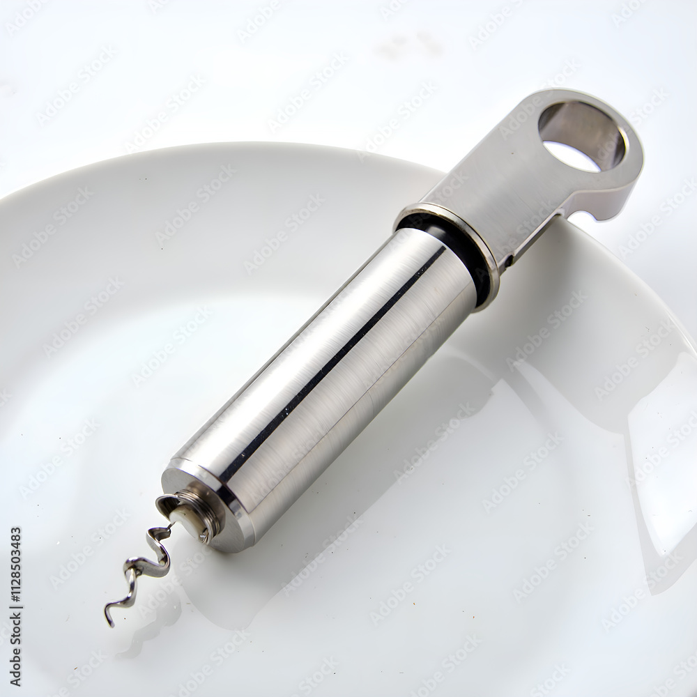 Elegant stainless steel corkscrew positioned on a clean white plate for a modern kitchen aesthetic, photograph of still life concept. Elegant stainless steel corkscrew positioned on a clean white plate for a modern kitchen aesthetic, photograph of still life concept.