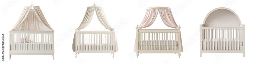 Elegant white wooden crib with canopy in a sophisticated minimalist nursery room setting creating a cozy and calming environment for a newborn or toddler Elegant white wooden crib with canopy in a sophisticated minimalist nursery room setting creating a cozy and calming environment for a newborn or toddler