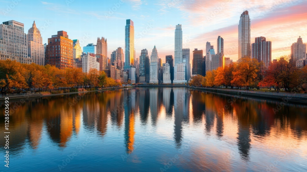 Fototapeta premium A stunning skyline reflects in a tranquil lake during sunset, framed by vibrant autumn foliage and a colorful sky.