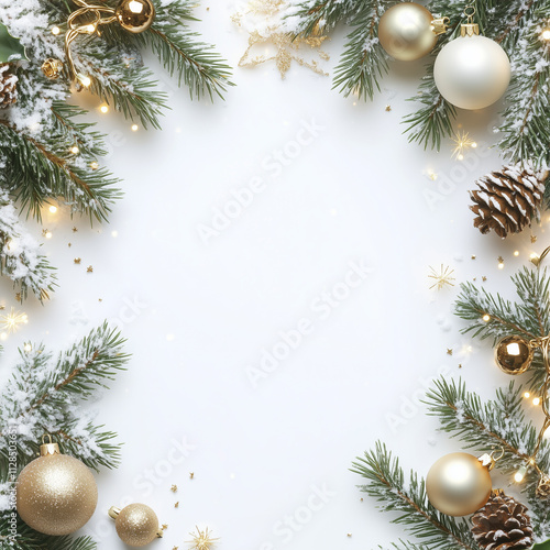 Square Christmas or New Year frame top view, decorative stars, balls and tree branches over white light background. Copyspace, place for text