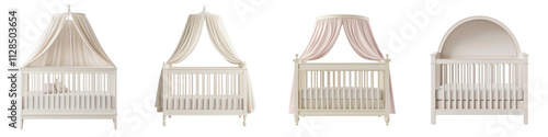 Elegant white wooden crib with canopy in a sophisticated minimalist nursery room setting creating a cozy and calming environment for a newborn or toddler