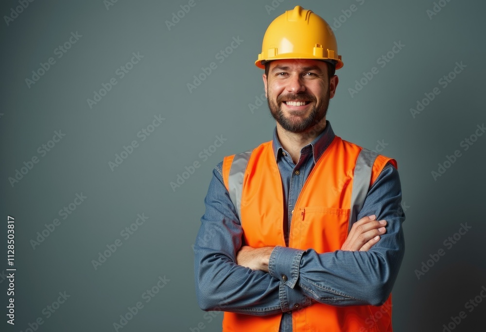 A smiling construction worker with arms crossed, wearing a yellow hard hat and an orange safety vest. A smiling construction worker with arms crossed, wearing a yellow hard hat and an orange safety vest.