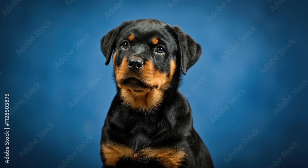 Adorable rottweiler puppy with curious expression on blue background Adorable rottweiler puppy with curious expression on blue background