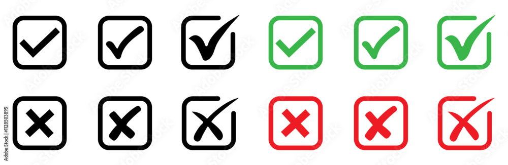 Green checkmark and red cross mark isolated set. Yes, no symbol vector. Right and wrong symbol. Accepted and rejected symbol vector. Approved and disapproved. Correct and false. Ok and not. Green checkmark and red cross mark isolated set. Yes, no symbol vector. Right and wrong symbol. Accepted and rejected symbol vector. Approved and disapproved. Correct and false. Ok and not.