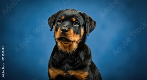 Adorable rottweiler puppy with curious expression on blue background