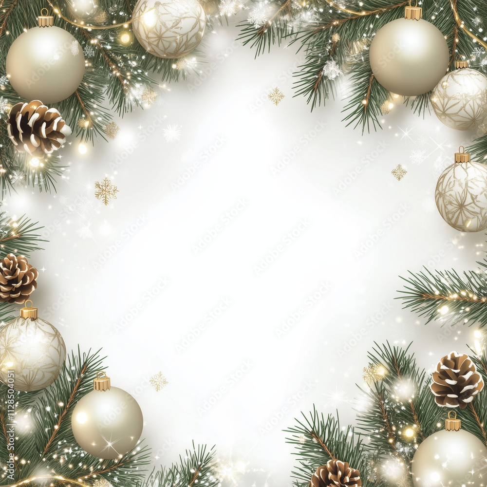 Square Christmas or New Year frame top view, decorative stars, balls and tree branches over white light background. Copyspace, place for text Square Christmas or New Year frame top view, decorative stars, balls and tree branches over white light background. Copyspace, place for text