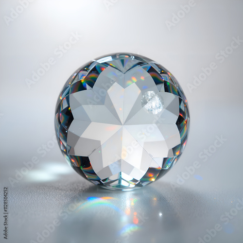 Exquisite crystal sphere reflecting light and colorful prisms on a soft background, photography of product photography concept.