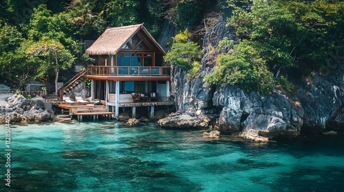 A luxurious secluded bungalow nestled on a private cove with crystal-clear waters. photo