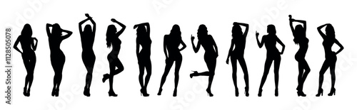 Sexy girls various poses standing in row black silhouettes set on white background.