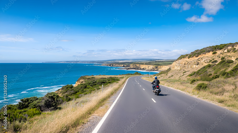 A man riding a motorcycle on a winding coastal road, with stunning ocean views on one side and cliffs on the other. Motorcycle road trip along coast. A man riding a motorcycle on a winding coastal road, with stunning ocean views on one side and cliffs on the other. Motorcycle road trip along coast.