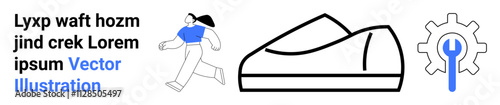 Runner, sneaker, and gear icon in blue and black. Ideal for fitness, sportswear, exercise, gear maintenance, active lifestyle, health, and technology. Landing page