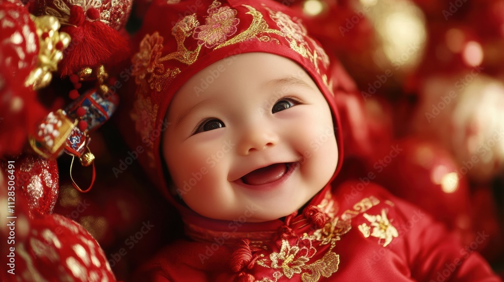 Baby dressed in a red Chinese New Year outfit, smiling with traditional decorations around Baby dressed in a red Chinese New Year outfit, smiling with traditional decorations around