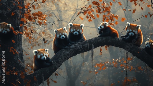 A group of red pandas resting on a tree branch in a serene autumn forest, showcasing nature's beauty and tranquility. photo