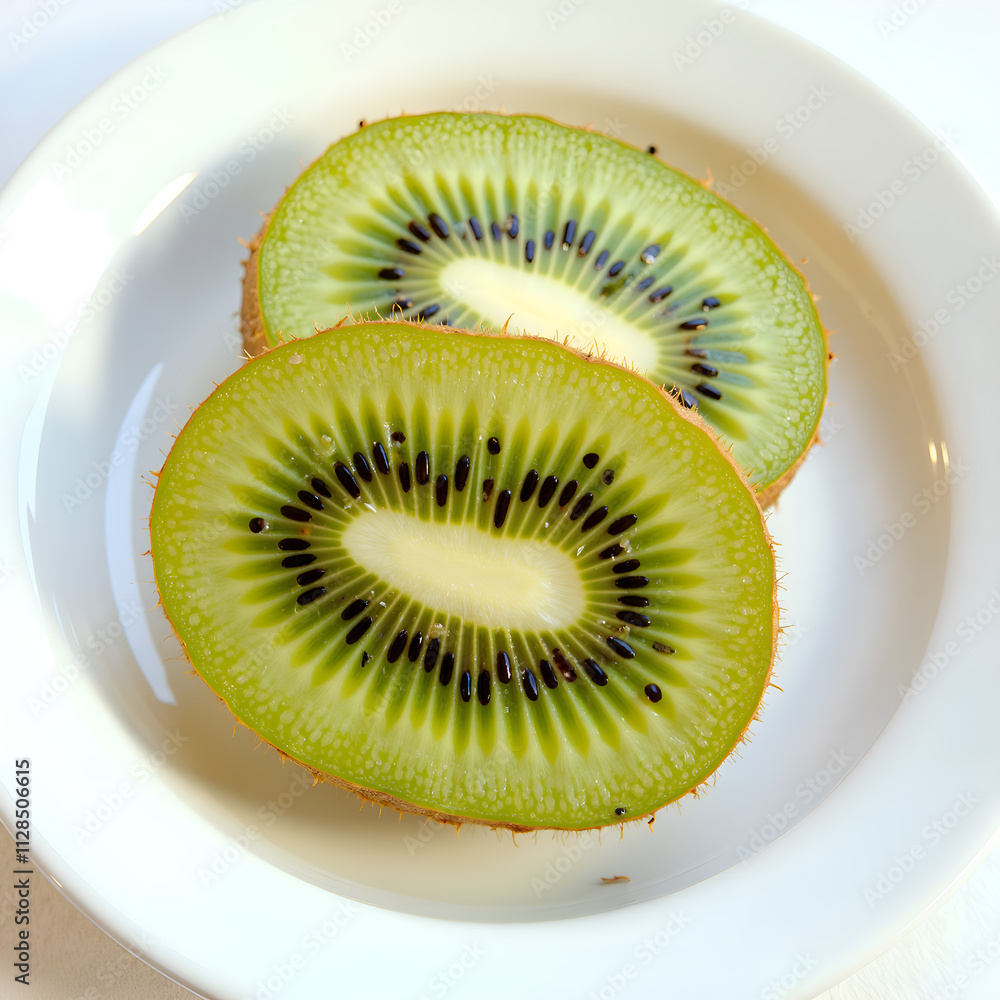 Vibrant cross section of fresh kiwi fruit on a white plate, photography of food photography concept. Vibrant cross section of fresh kiwi fruit on a white plate, photography of food photography concept.