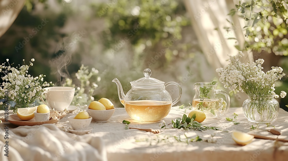 A beautifully styled tea party scene with crystal-clear glass teapots brewing herbal teas, accompanied by small bowls of honey, lemon wedges, and fresh herbs, set on a sunny garden table. --ar 16:9 A beautifully styled tea party scene with crystal-clear glass teapots brewing herbal teas, accompanied by small bowls of honey, lemon wedges, and fresh herbs, set on a sunny garden table. --ar 16:9