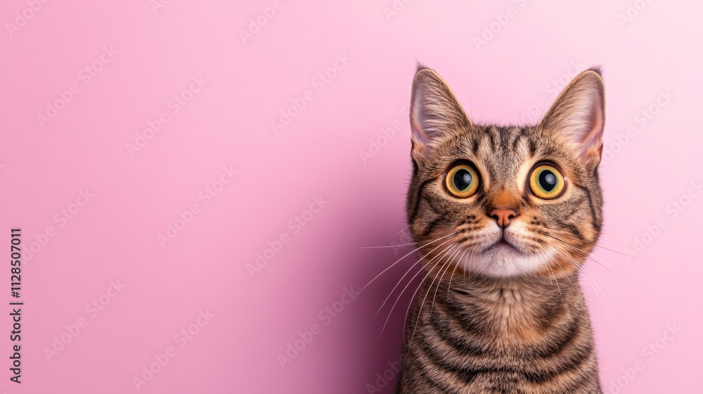 A Tabby Cat with Wide Eyes Against Pink Background A Tabby Cat with Wide Eyes Against Pink Background