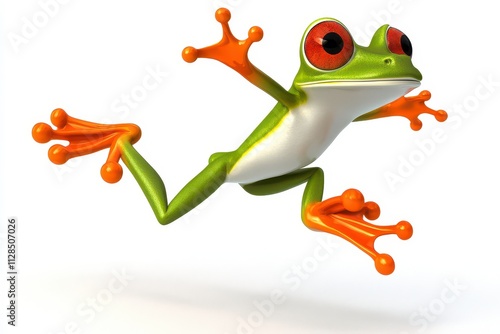 A vibrant green frog with large eyes leaps dynamically against a white background.