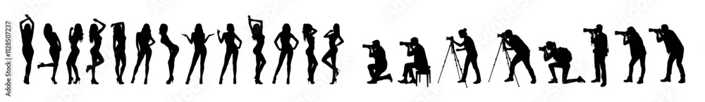 Silhouette set of group of photographers and group of sexy women models in various poses. Silhouette set of group of photographers and group of sexy women models in various poses.