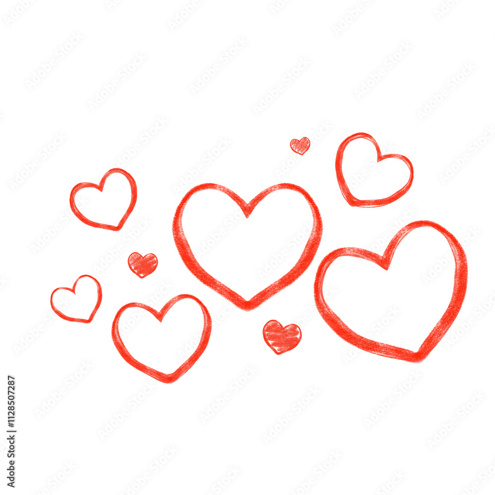 Hand drawn red hearts in various sizes scattered on a transparent background, perfect for Valentine's Day, Romantic or Love theme design Hand drawn red hearts in various sizes scattered on a transparent background, perfect for Valentine's Day, Romantic or Love theme design
