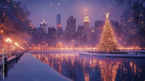new york city skyline with christmas tree and angel in the square digital painting © Hvkk