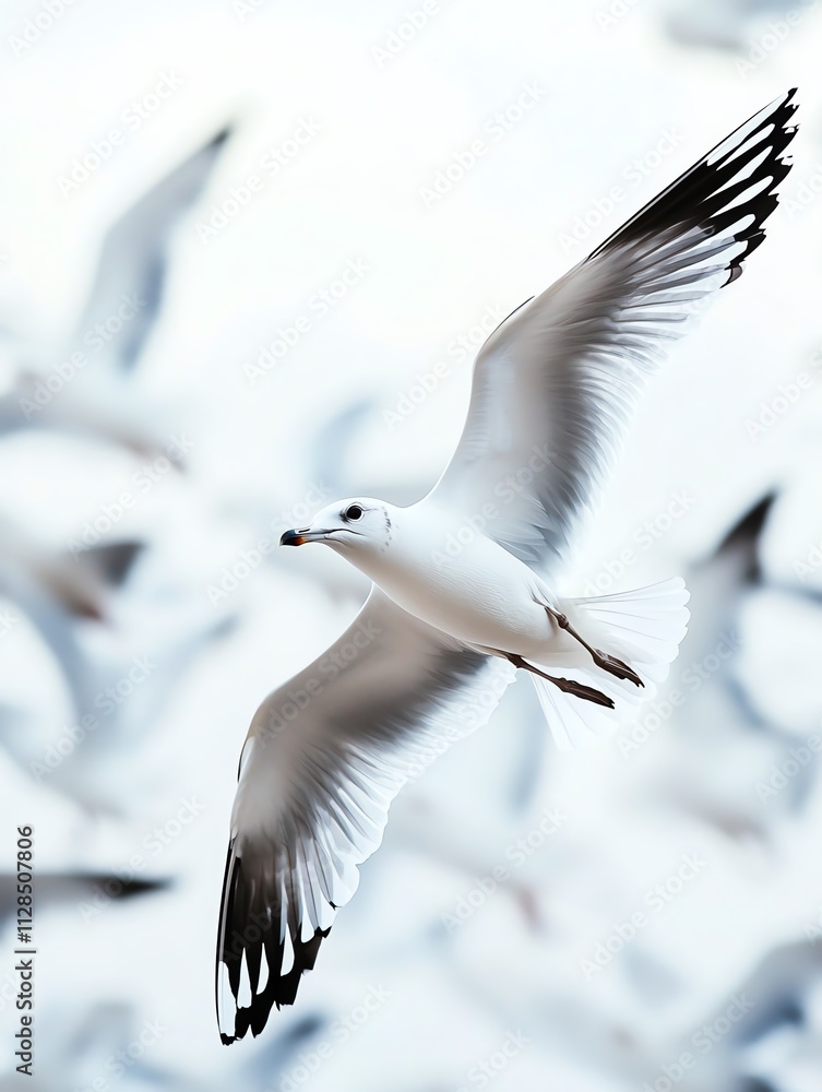 A graceful seagull soaring against a soft blue sky with hints of other birds in the background. A graceful seagull soaring against a soft blue sky with hints of other birds in the background.