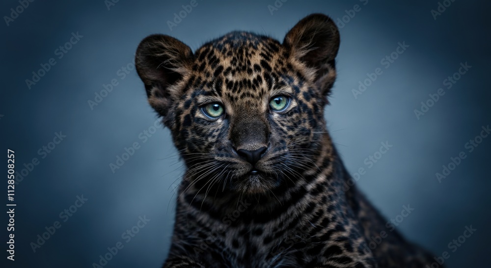 Obraz premium Young leopard portrait with intense green eyes in a dramatic blue background