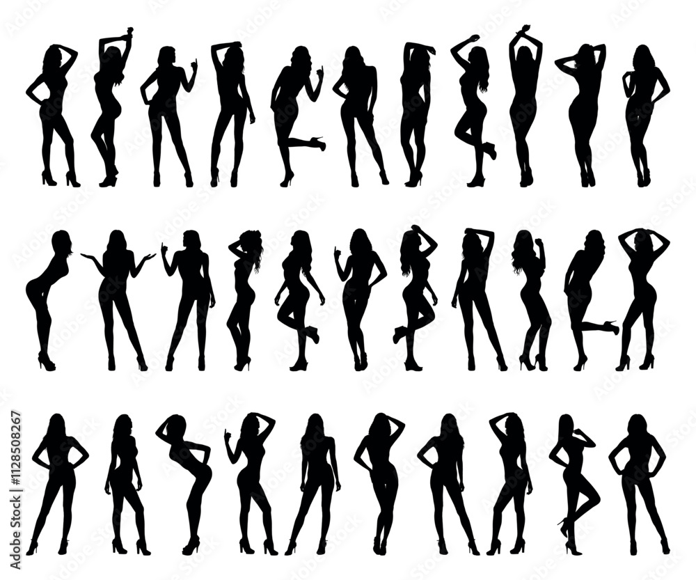 Set of group sexy and sensual female models with different poses standing in a row silhouettes on white background.