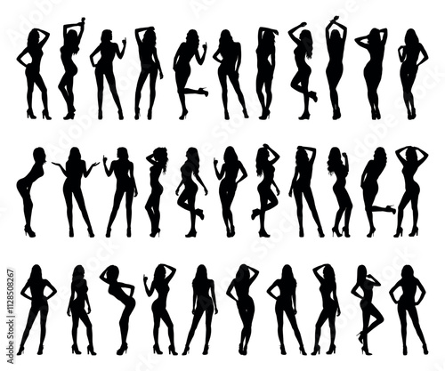 Set of group sexy and sensual female models with different poses standing in a row silhouettes on white background.