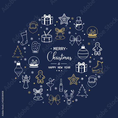 Christmas elements set icons design. Christmas collection of bells, santa, deer, angel, nutcracker, cookies, showman, snowstar, drums, mitten, candy, sock, tree