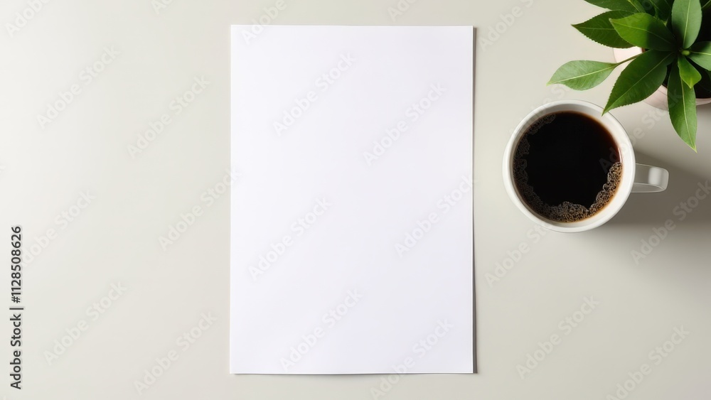 A4 paper mockup with coffee cup placed on a clean surface, showcasing a blank design ready for customization, with soft natural lighting and subtle shadows for an inviting workspace look A4 paper mockup with coffee cup placed on a clean surface, showcasing a blank design ready for customization, with soft natural lighting and subtle shadows for an inviting workspace look