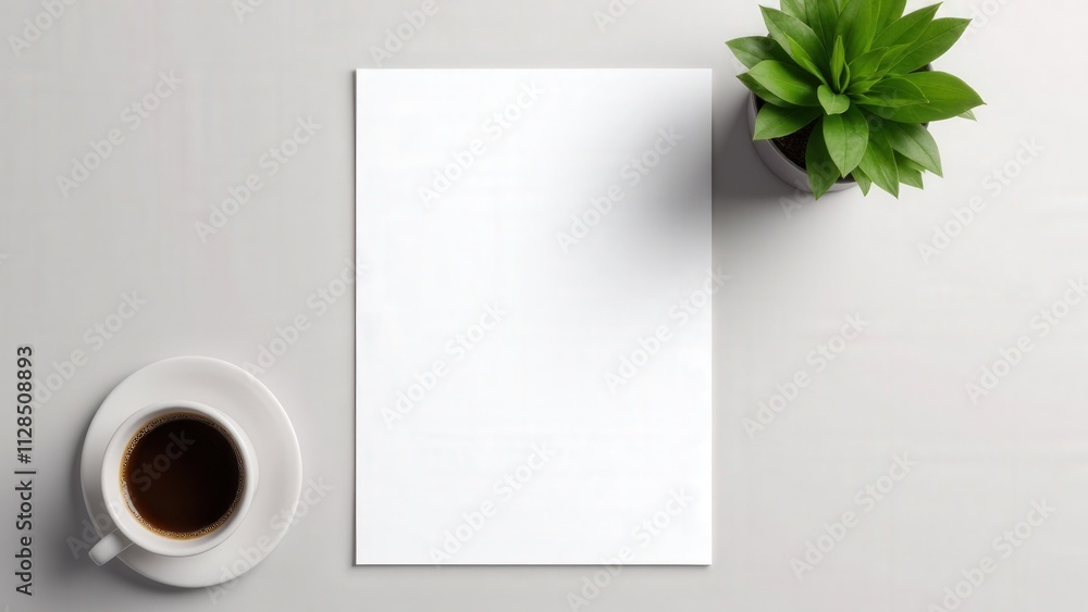 Modern A4 paper mockup with coffee cup, featuring realistic texture, warm lighting, and a blank surface surrounded by subtle workspace elements Modern A4 paper mockup with coffee cup, featuring realistic texture, warm lighting, and a blank surface surrounded by subtle workspace elements