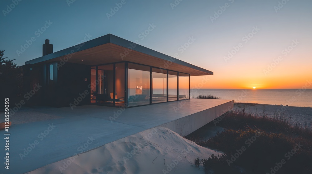 A modern beach bungalow with open glass walls and a view of the sunset horizon. A modern beach bungalow with open glass walls and a view of the sunset horizon.