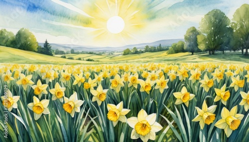 Vibrant watercolor illustration showcasing blooming spring flowers in a sunlit meadow during a cheerful day in a picturesque countryside