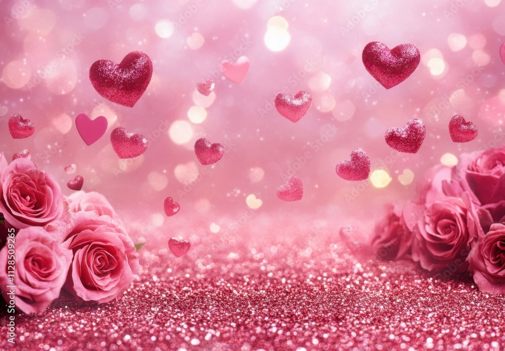 A pink glittery background with roses and hearts floating in the air, creating an enchanting Valentine's Day backdrop. A pink glittery background with roses and hearts floating in the air, creating an enchanting Valentine's Day backdrop.